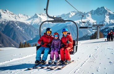 Family enjoys winter vacation on ski lift in mountains. Parents, child wear ski clothes, goggles. Ski equipment visible. Going up mountain. Beautiful snowy landscape with majestic peaks. Sunny day.