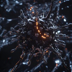 Fototapete - Detailed 3D visualization of virus structure with glowing molecular features and RNA strands depicted in striking detail. Generative AI
