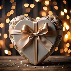 Canvas Print - Festive Valentine's Day template with 3D heart, gift on bokeh effect background.