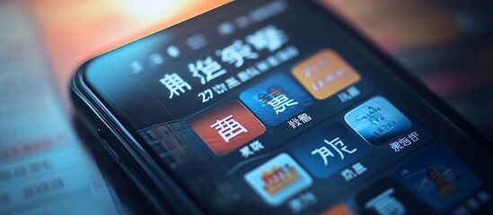 Close-up of a smartphone displaying a Chinese app interface with various colorful icons and text.