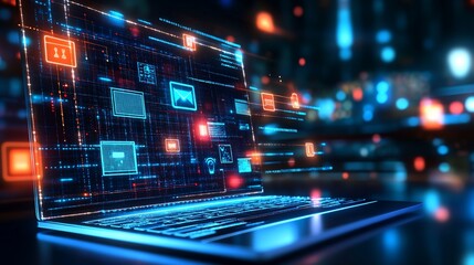 Cybersecurity Digital Data Protection Network: Laptop Screen Displaying Futuristic Interface