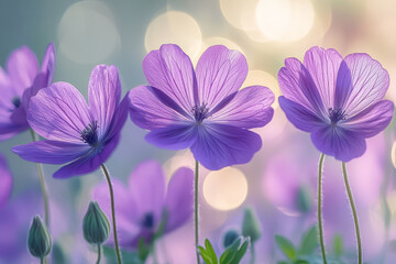 Poster - Cheerful purple florets dancing in a gentle breeze, the background a painterly blur of luminous green,