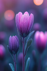 Wall Mural - Graceful purple petals tapering outward, with the background dissolving into whimsical circles of green light,