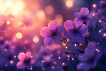 Aufkleber - A near-silhouette of purple blossoms backlit by delicate green orbs, creating a magical sunrise effect,