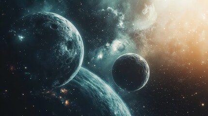 Wall Mural - two planets orbiting a distant star in a star-filled galaxy