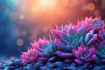 Poster - Spiked succulent spines shining in pastel lilac and teal neon, a softly warm background barely visible,