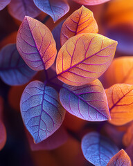 Poster - Ethereal macro of overlapping leaves with neon purple veins, dissolving into a mellow orange haze,