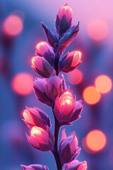 Poster - A cluster of tiny buds with neon-reflective surfaces, caught under a faint purple glow, warm lights blurred behind,