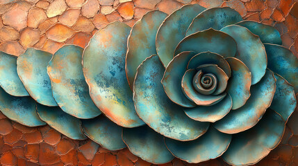 Poster - Spiral succulent leaves tinted at their tips with faint turquoise-lavender shine, on a luminous coppery background,