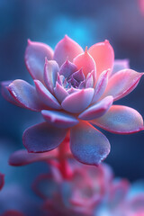 Poster - Ultra-close of a fuzzy lavender succulent, bathed in gentle azure neon rays, background warmly out-of-focus,