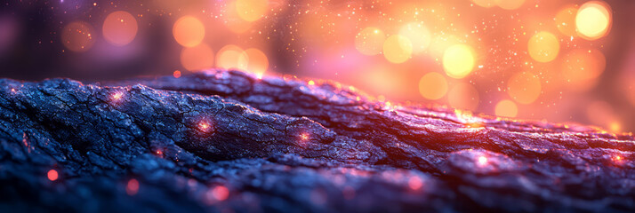 Poster - Macro capture of scaly bark in faint blueberry and lilac lights, behind it a honey-hued swirling bokeh,