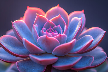 Poster - Macro shot showing the subtle curve in a succulent leaf, gradients of neon violet to aqua, softly fading behind,