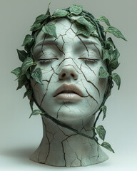 Poster - A modern bust with cracks around one eye, exposing vivid green vines, placed on a subdued light-gray gradient,