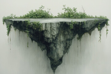 Poster - Minimal symmetrical crack from the forehead down, parted edges teeming with bright green growth, all on a pale grey stage,