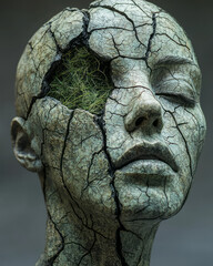 Aufkleber - An almost featureless head sculpture featuring a single, large crack from scalp to chin, green plant matter visible within, on a quiet gray background,