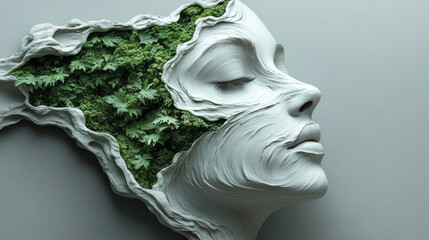 Leinwandbilder - Surreal half-face design in matte white, cracks shaped like rivers of greenery, placed on an almost-blank gray gradient,