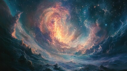 Wall Mural - Celestial Cloudscape A Swirling Nebula Above A Rocky Landscape