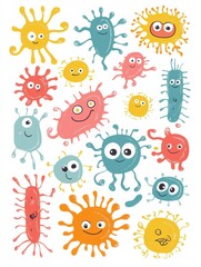 Poster - Bright and cheerful microbes with expressions of joy and curiosity in a colorful arrangement on a vibrant background. Generative AI