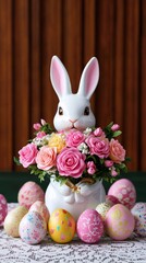 Poster - Elegant A delicate porcelain bunny figurine holding a bouquet of pastel roses surrounded by gold trimmed Easter eggs on a lace runner for vintage elegance 