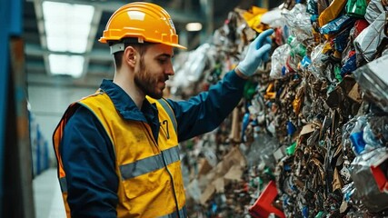 Wall Mural - Man integrating AI into smart recycling systems for environmental efficiency