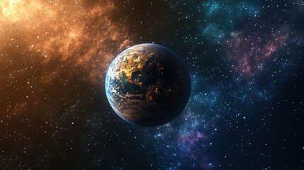 Wall Mural - earth in space with orange and blue nebulas