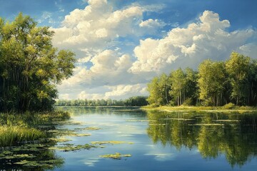 Wall Mural - Serene lake view with forest reflections under a colorful sky at sunset