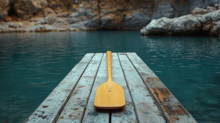 Wall Mural - Old blue wooden boat resting on a dock beside calm water in a serene natural setting