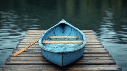 Wall Mural - Old blue wooden boat resting on a dock beside calm water in a serene natural setting