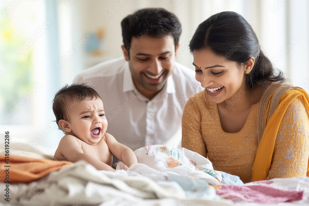 young indian couple enjoying with new born little baby at home Stock ...