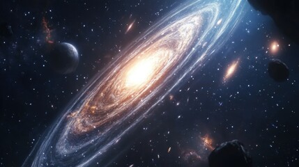 Wall Mural - a cosmic view of a spiral galaxy, planets, and asteroids in a starry sky
