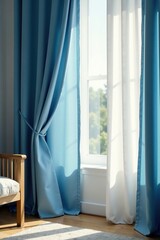 Wall Mural - Soft blue curtains flowing in the gentle breeze, naturallight, softfocus