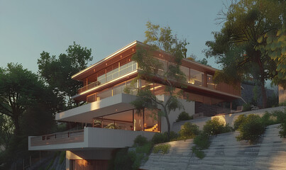 modern house on a hill with wooden details and a white facade in the evening for living or a family on a summer day with trees around the front view