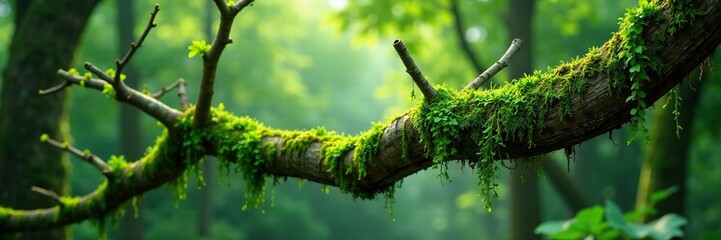 overgrown tree branch with thick green moss and vines, tree, vine, wooden