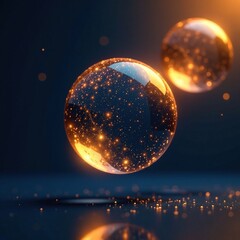 sparkling gold balls suspended in a dark blue void with glowing accents, spark, gold