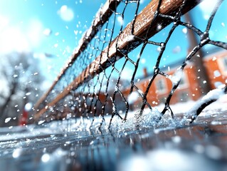 Winter Wonderland Close up of Snowy Netting with Water Splashes