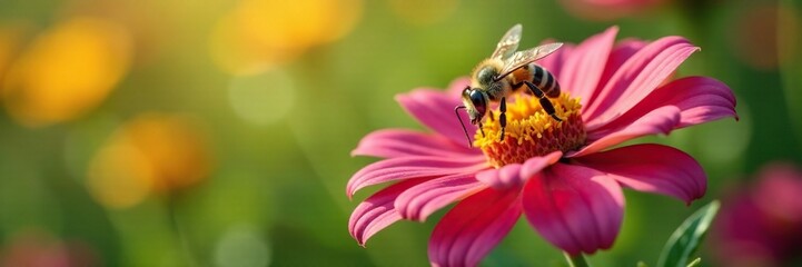 Wall Mural - Bee approaches large colorful flower with caution, flowers, nature, danger