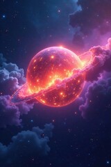 Wall Mural - glowing sphere suspended in nebula amidst purple and blue gas, orange, space, blue