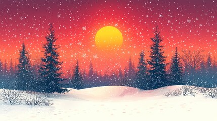 Wall Mural - Winter landscape with snow and sunset.