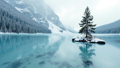 Sticker - A single pine tree in the midst of a frozen lake, natural, tree