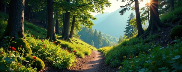 Wall Mural - A serene forest path winds its way up the mountain slope, Landscape, Woodland