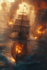 Canvas Print - Burning galleons battle; fiery ocean chaos.