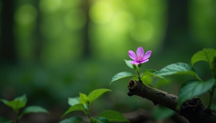 Tiny purple bloom on a woody branch in the undergrowth, branch, forest