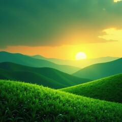 Wall Mural - Gradient landscape at sunset with a green hue background, atmosphere, green tone