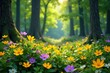 © Temteen - Yellow and purple flowers scattered throughout a forest glade, flowers, landscape