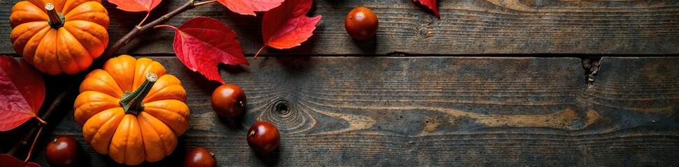 Wall Mural - red green leafy branches with small decorative pumpkin and chestnut on a wooden background, branches, nature