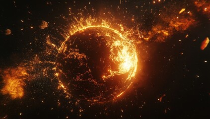 Wall Mural - Fiery planet exploding in space with debris.