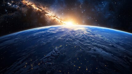 Wall Mural - earthrise with milky way galaxy and city lights