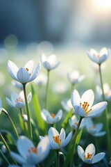 Wall Mural - Snowy meadow with delicate white petals unfolding, meadow, elegant