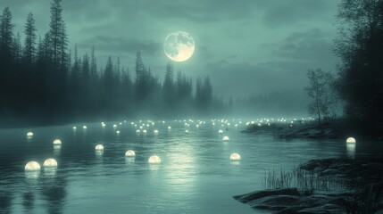 Wall Mural - Luminous lanterns floating on calm water under a full moon at twilight