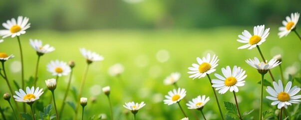 Wall Mural - Chamomile flowers in a sea of white daisies swaying gently in the breeze, meadow, bloom, countryside